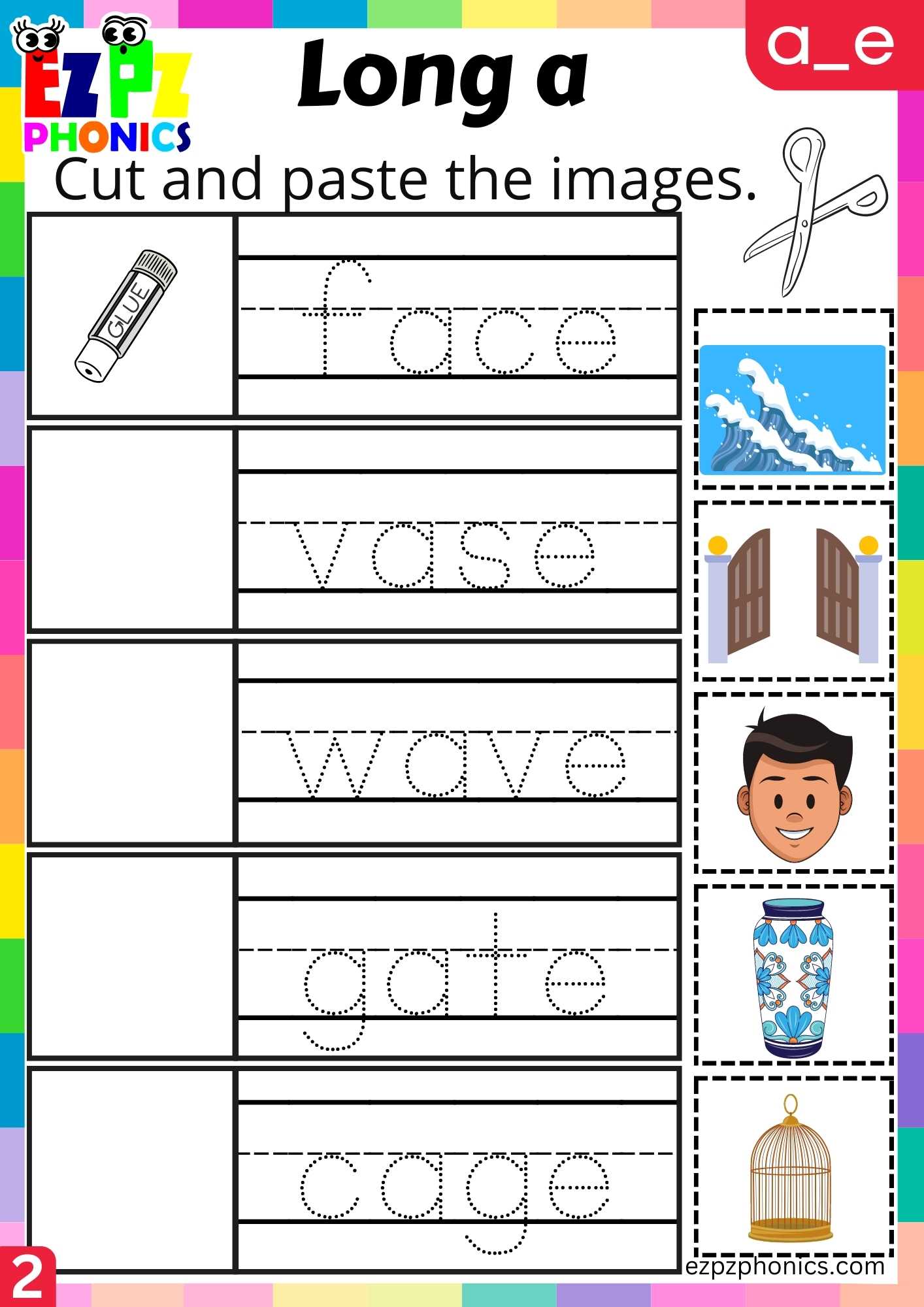Group2 A_E Words Cut And Paste The Images Long A Phonics Worksheet